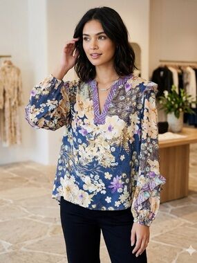 💜✨Current Air Anthropologie Peacock Ornate Floral Long Sleeve Top-boho chic💜